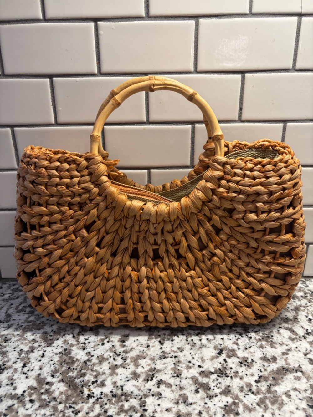 White Stag Woven Straw Tote in Natural Tan with Bamboo Handles - Picture 2 of 9